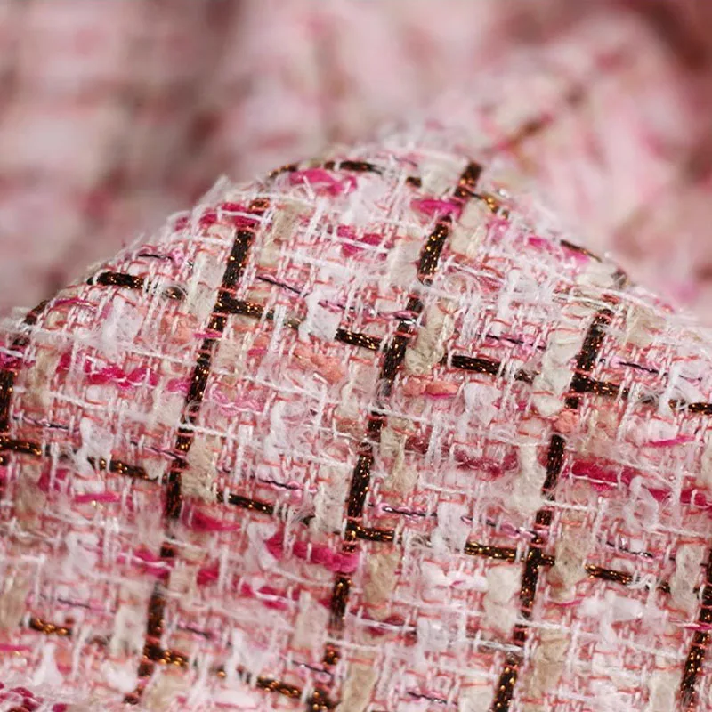 

Pink Color Lattice Yarn-Dyed Braided Bright Wire Tweed Fabric For Women's Autumn Jacket Dress Suit Coat DIY Sewing Material