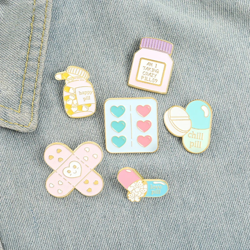 Healing Enamel Pins Custom  Band Aid Love Happy Crazy Pill Brooch Lapel Badge Bag Cartoon Jewelry Gift for Kids Friends