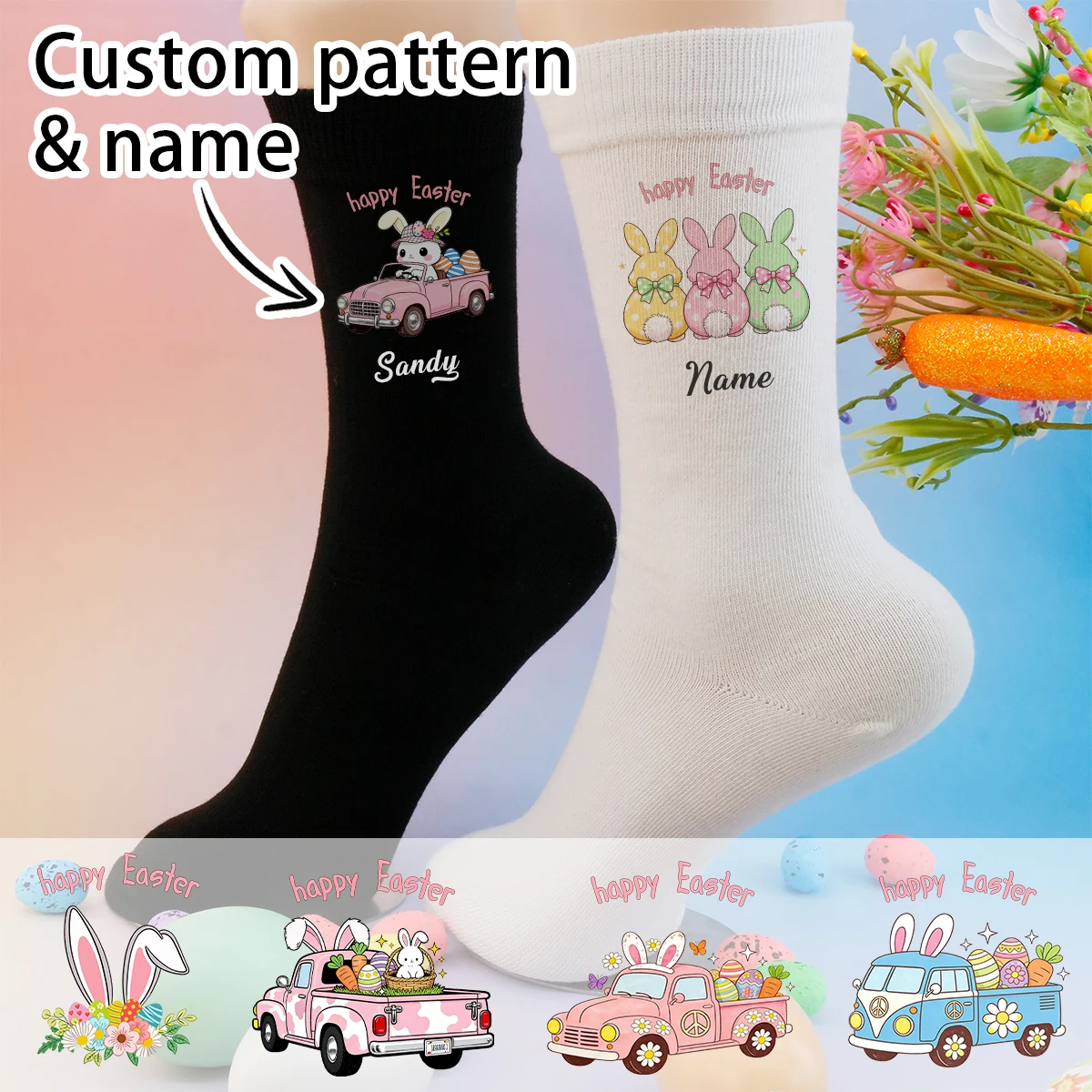 

Custom Easter Socks With Bunny Pattern And Name, Personalized Festive Socks, For Easter Outfits And Spring Looks,