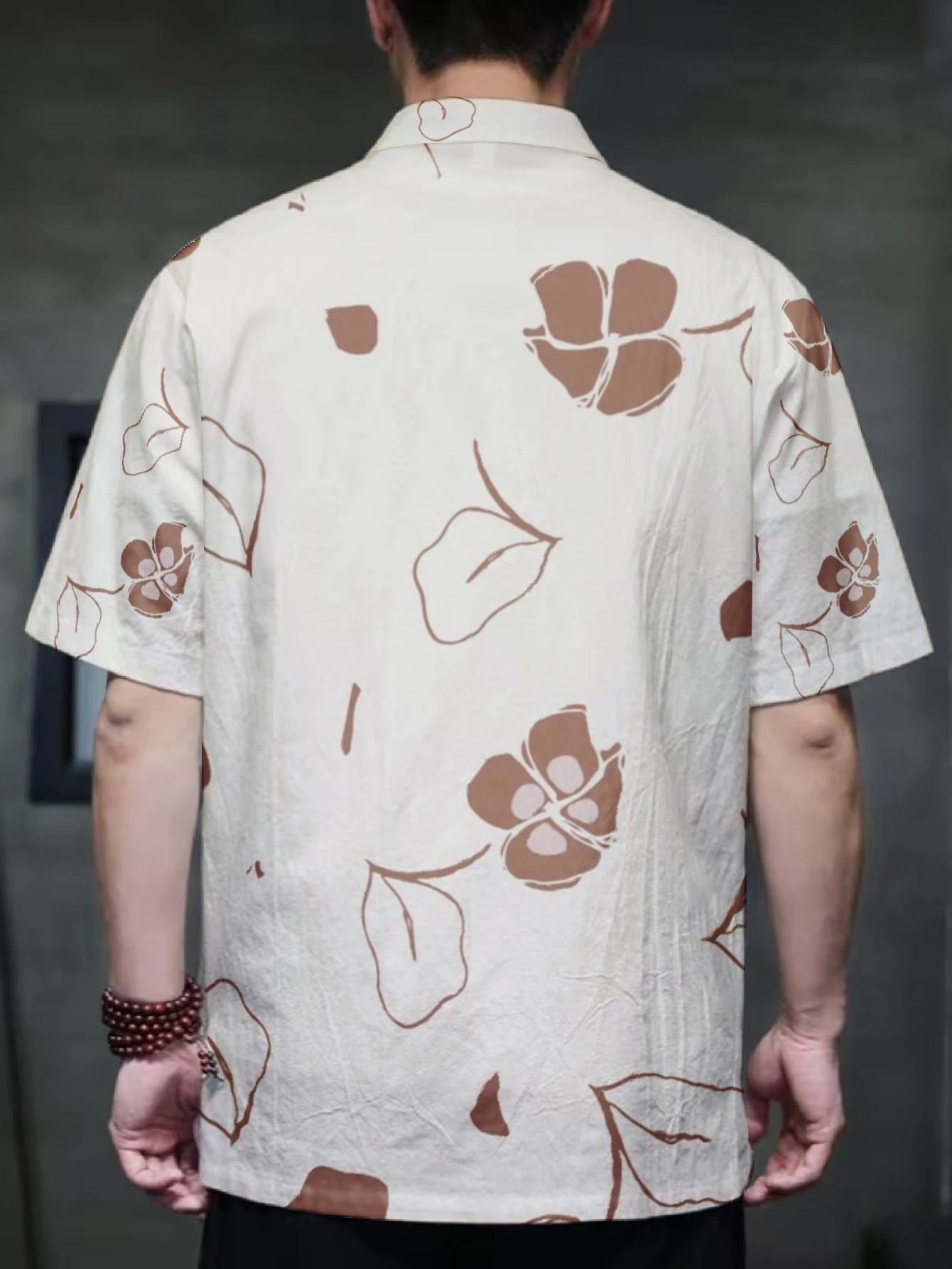 Men Loose Fit Chinese Style Top Minimalist Brown Floral Leaf Print Frog Button Stand Collar Daily Vacation Shirt