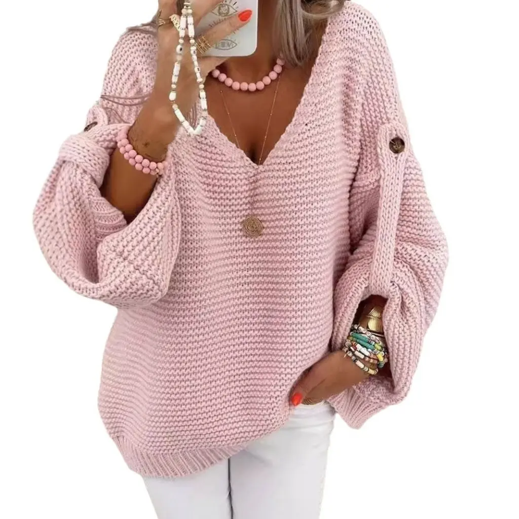 

Women's Long-Sleeved V-Neck Sweater European American Style Pullover Top for Autumn Winter Fashion