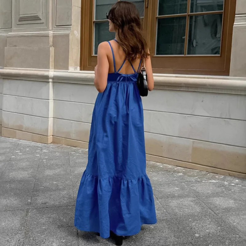 Azul algodão linho V-ne Bal Dr Vaion Sle saia longa cintura alta linha A silhueta Svel Commute Sle