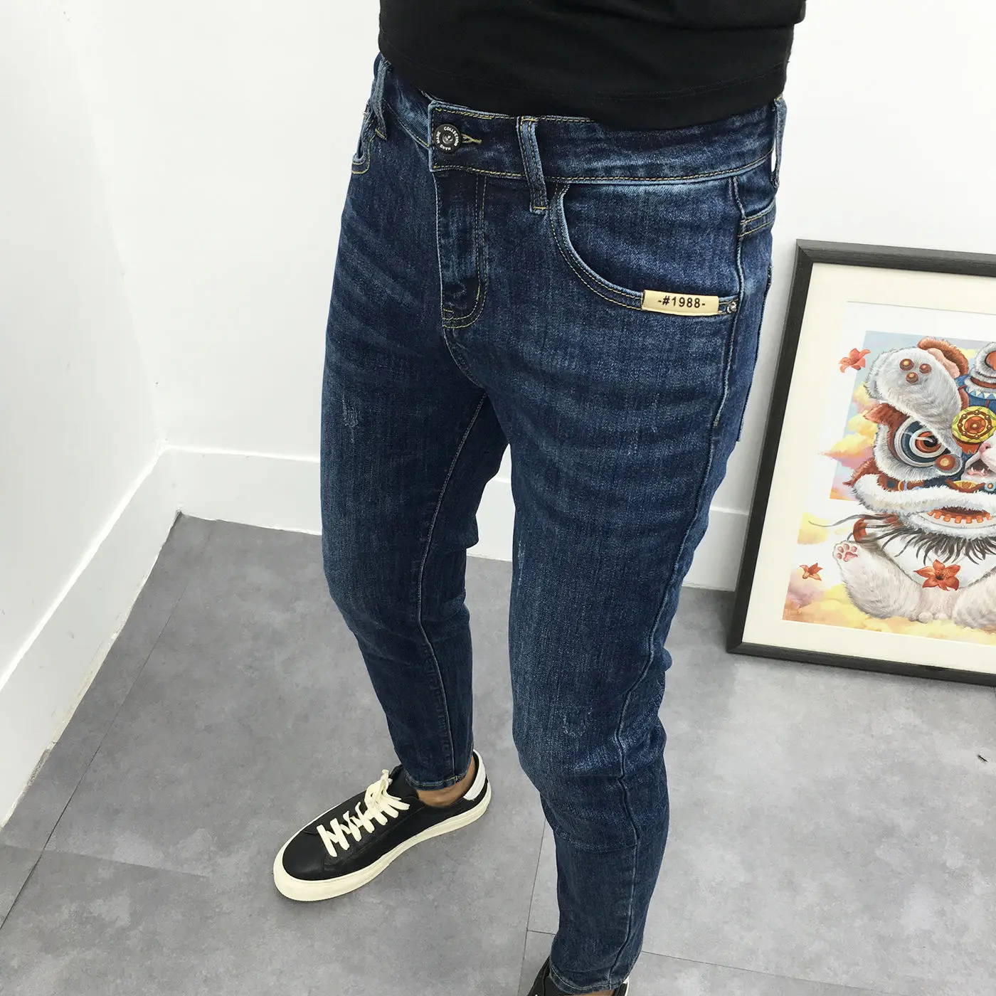 مصمم الجينز للرجال العلامة التجارية الفاخرة أنيق 2025 جديد ربيع الخريف الرجال موضة سليم الأزرق ملابس الشارع الشهير الجينز سروال شكل قلم رصاص #3