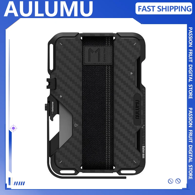 Aulumu G03 محفظة مغناطيسية من الجلد الطبيعي/ألياف الكربون: 6 في 1 حامل بطاقات متعدد الاستخدامات حامل قبضة فتاحة الزجاجات RFID Shield Cutom