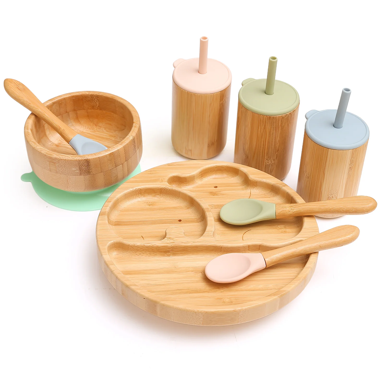 4pcs Children's Tableware Suction Plate Bowl Baby Dishes Baby Feeding Dishes Spoon Fork Sets Bamboo Plate for Kids Tableware