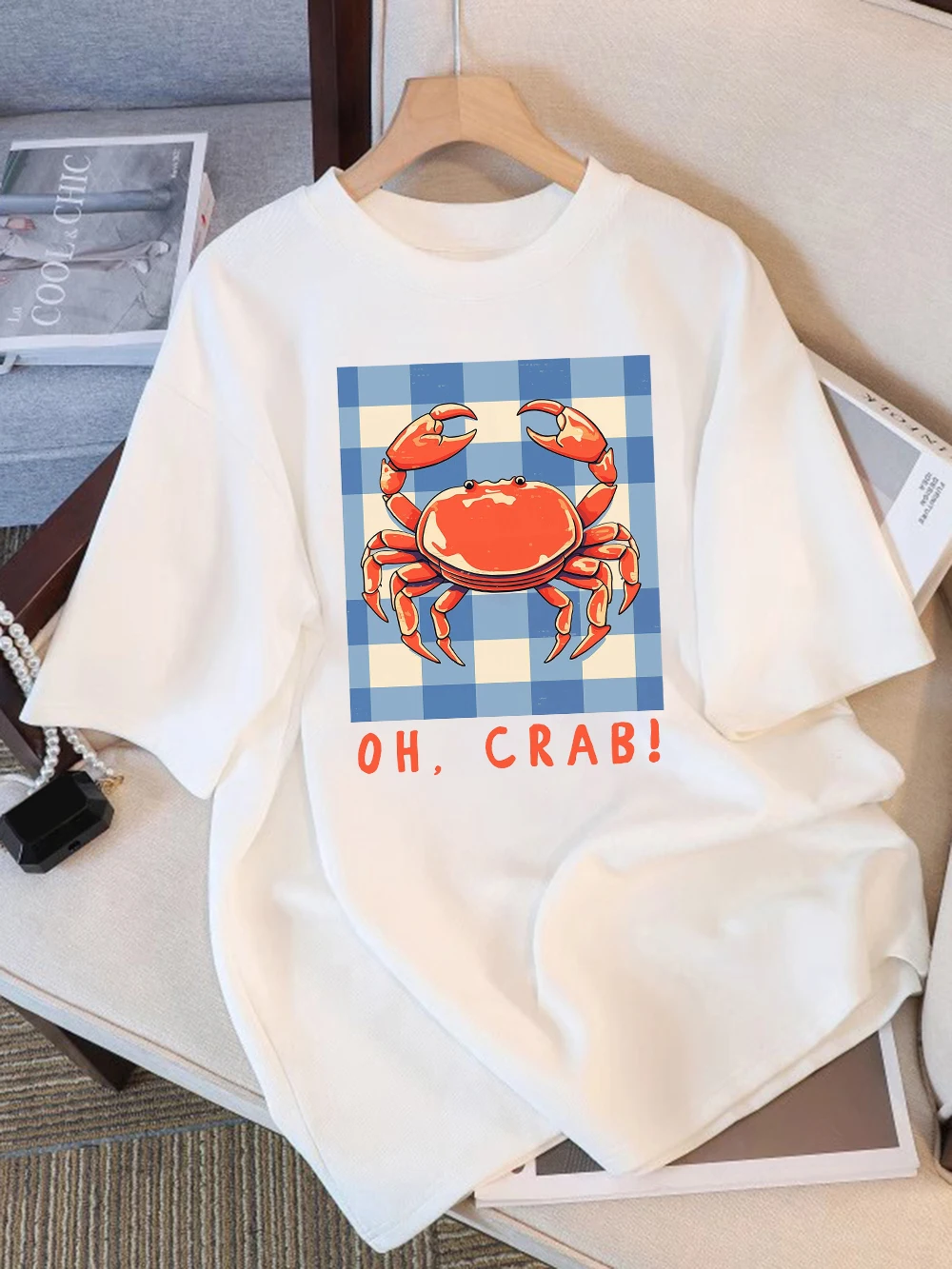 

100% Cotton Womens T-Shirts Summer Ok Crab Graphic Prints Short Sleeve Tees Soft Loose O-Neck Tops Holiday Casual Womans Clothes