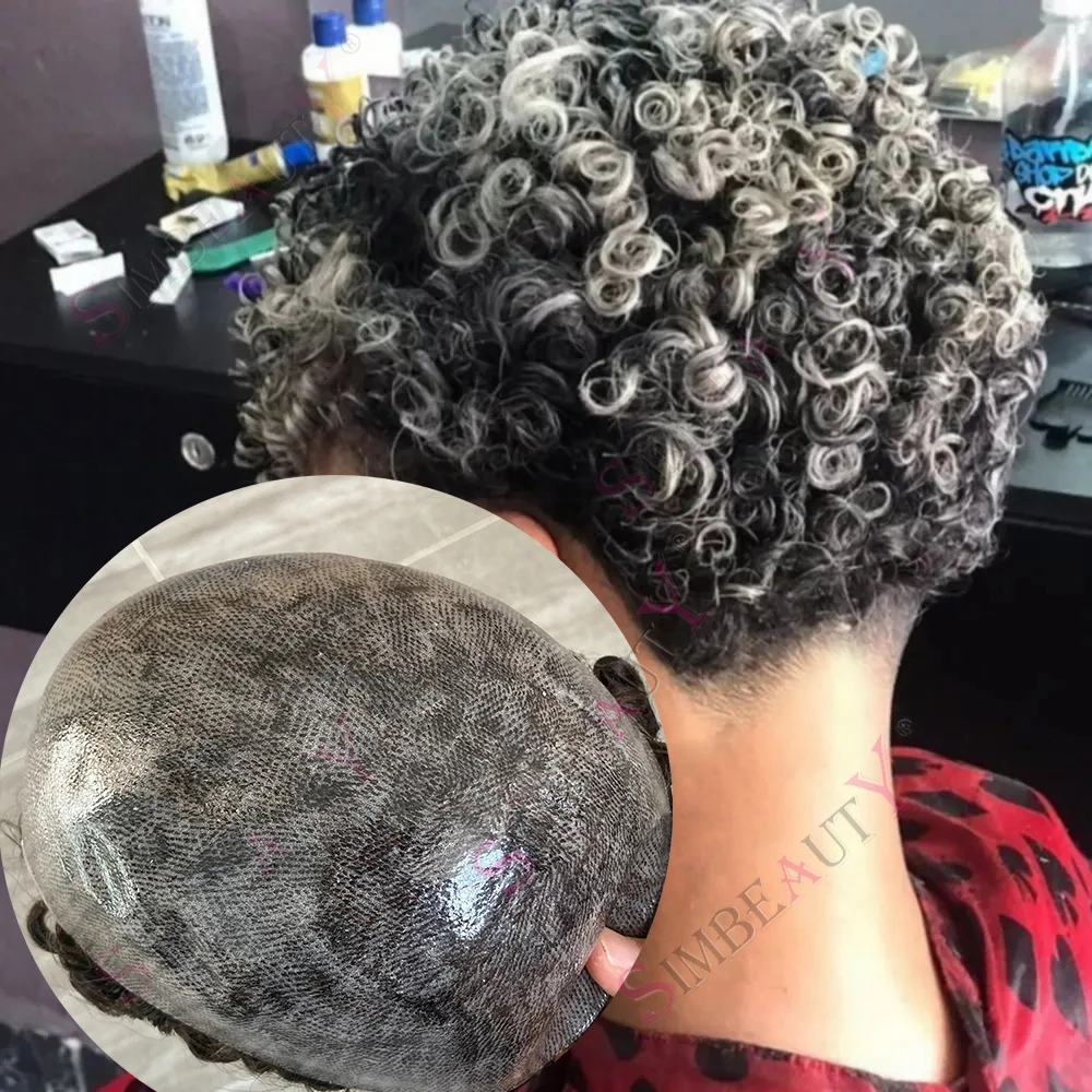 

Мужской парик 15 мм, волнистый, из натуральных волос, с микроосновой MicroSkin, для афроамериканцев, серый 1b50, полный полиуретановый (ПУ) протез волос для мужчин