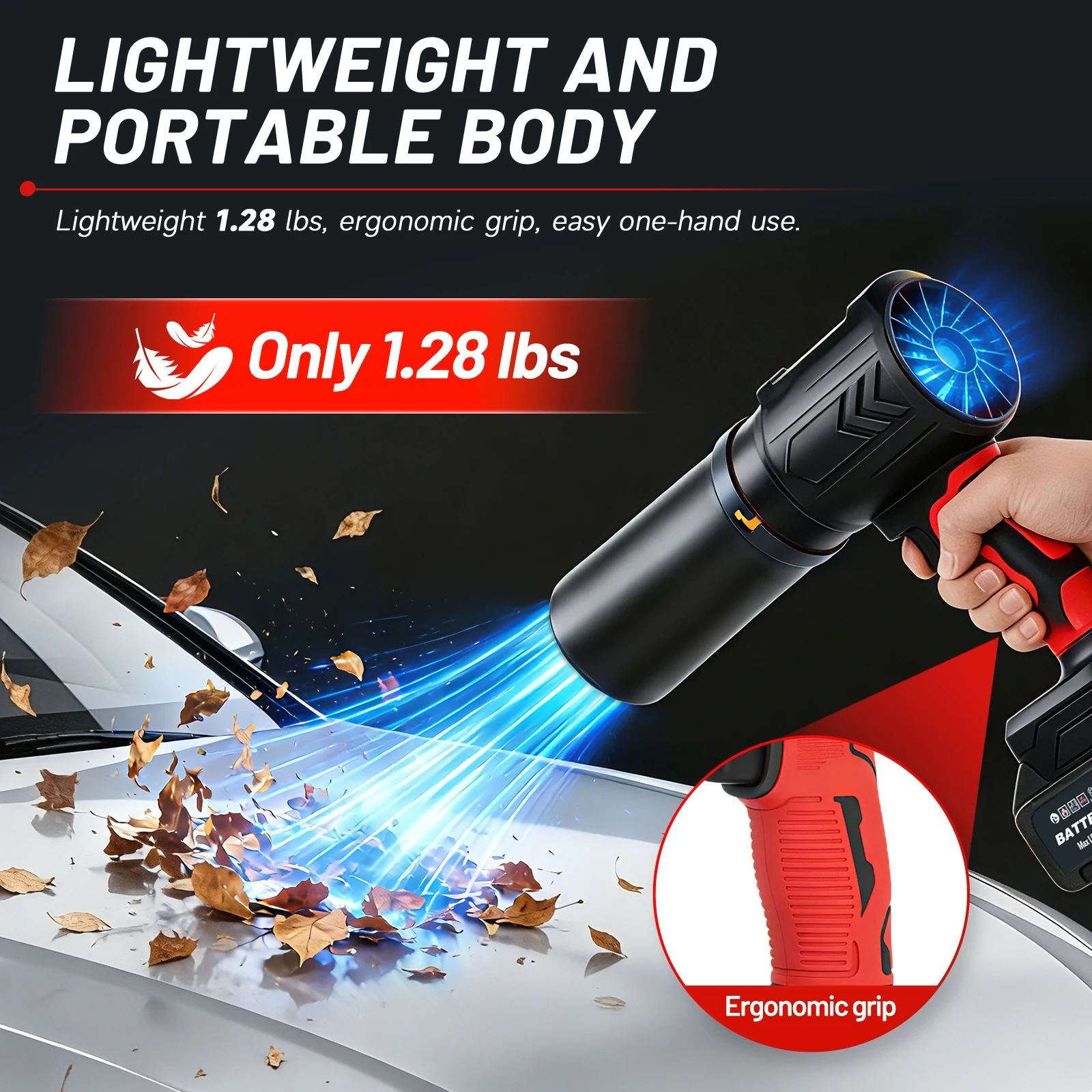 Electric Cordless Leaf Blower Lightweight Variable Speed Storm Gun 950000RPM with 2 x 4.0Ah Batteries and Charger for Dust Removal Snow Clearing and Yard Cleaning