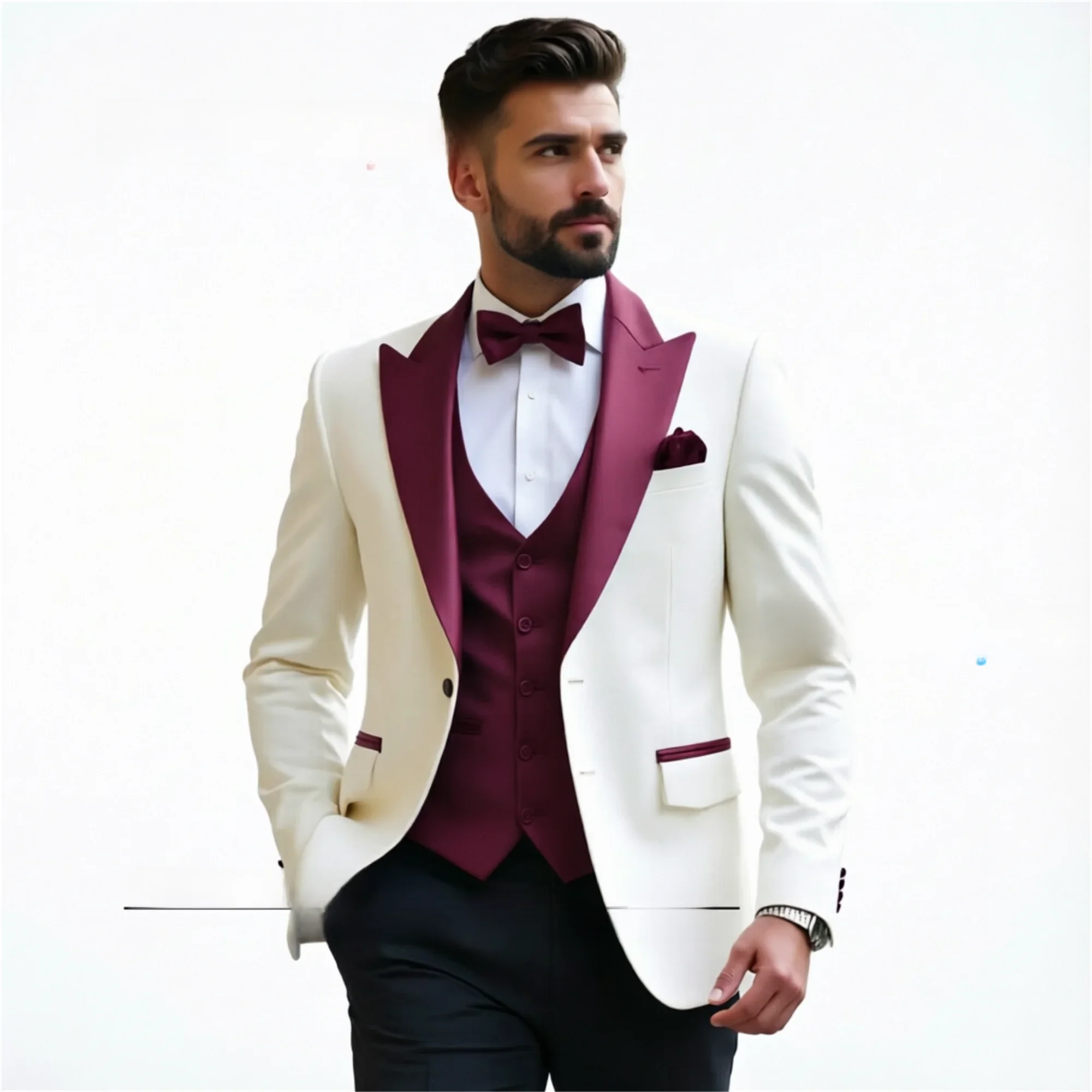

Custom Made Ivory burgundy Black Suits 2026 Elegant Style Wedding Tuxedos Groom Suits Groomsmen 3 Pieces Set 2 Vents