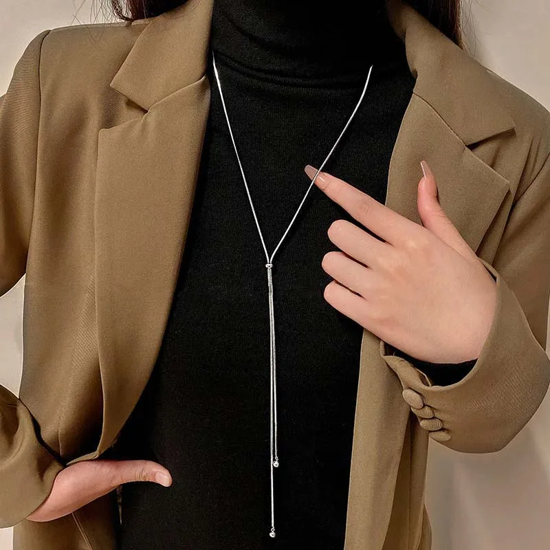 Fashion Silver Color Snake Chain Necklace for Women Minimalist Metal Long Tassel Adjustable Pull Sweater Chain Jewelry 2024 New