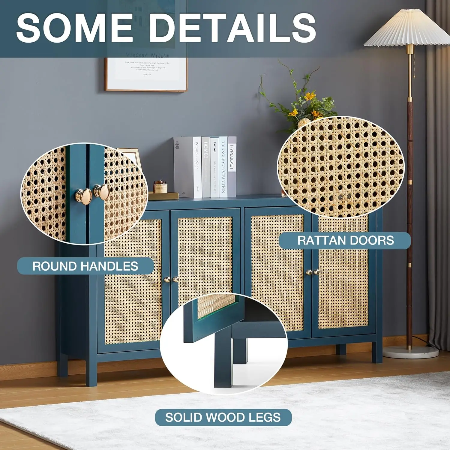 Rattan Sideboard Buffer Cabinet,Accent Storage Cabinet with 4 Rattan Doors, Modern Storage Cupboard Console Table