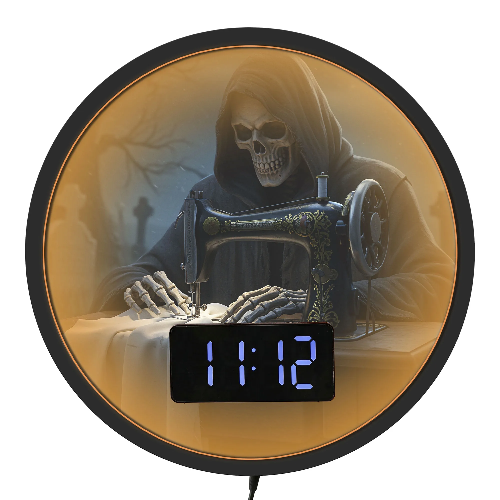 Grim Reaper Sewing Machine LED Digital Wall Clock with Temperature Calendar Date Gothic Skeleton Halloween Night Lamp Wall Clock