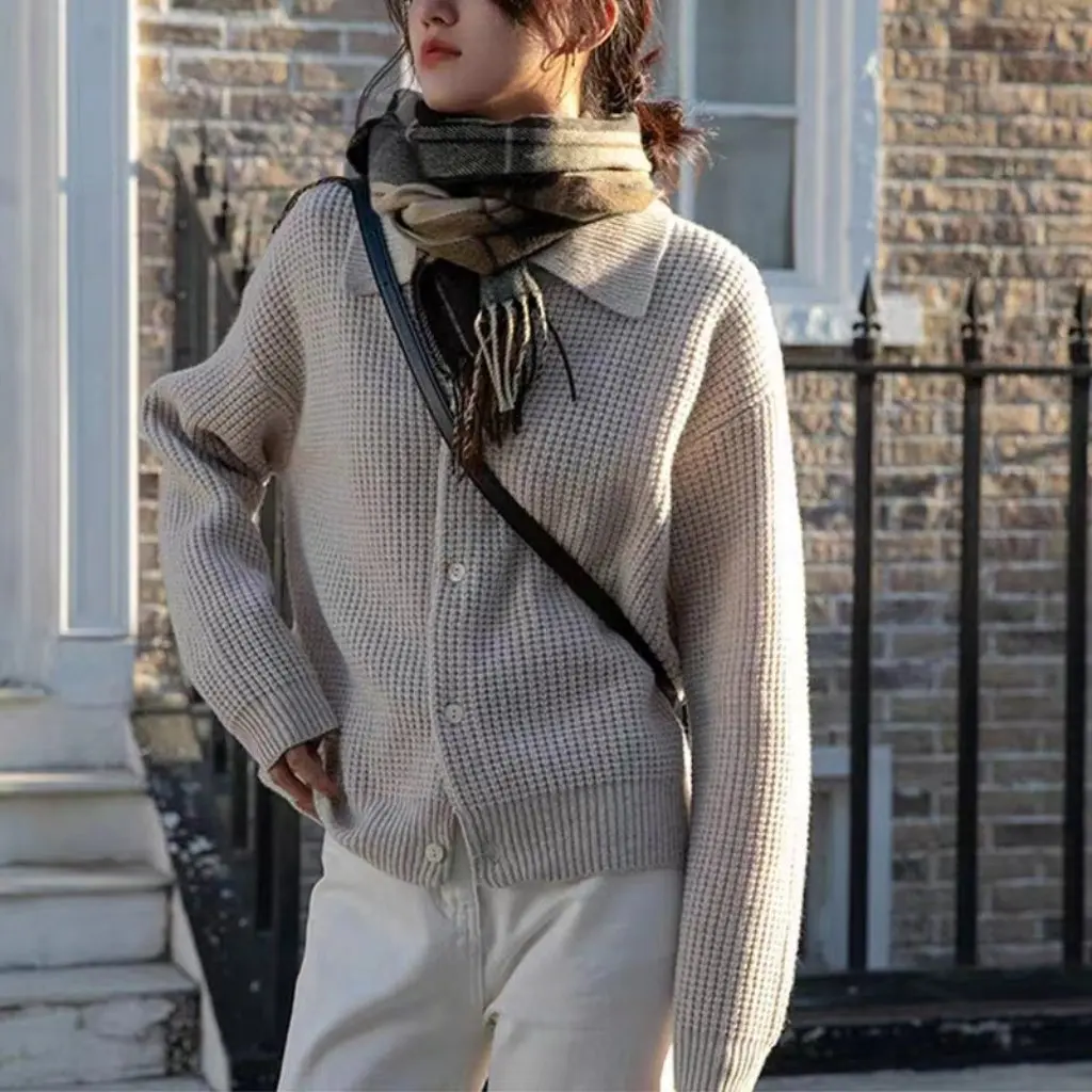 

Women's Autumn Casual Jacket Korean Style Retro Lapel Solid Color Knitted Cardigan Loose Versatile Sweater