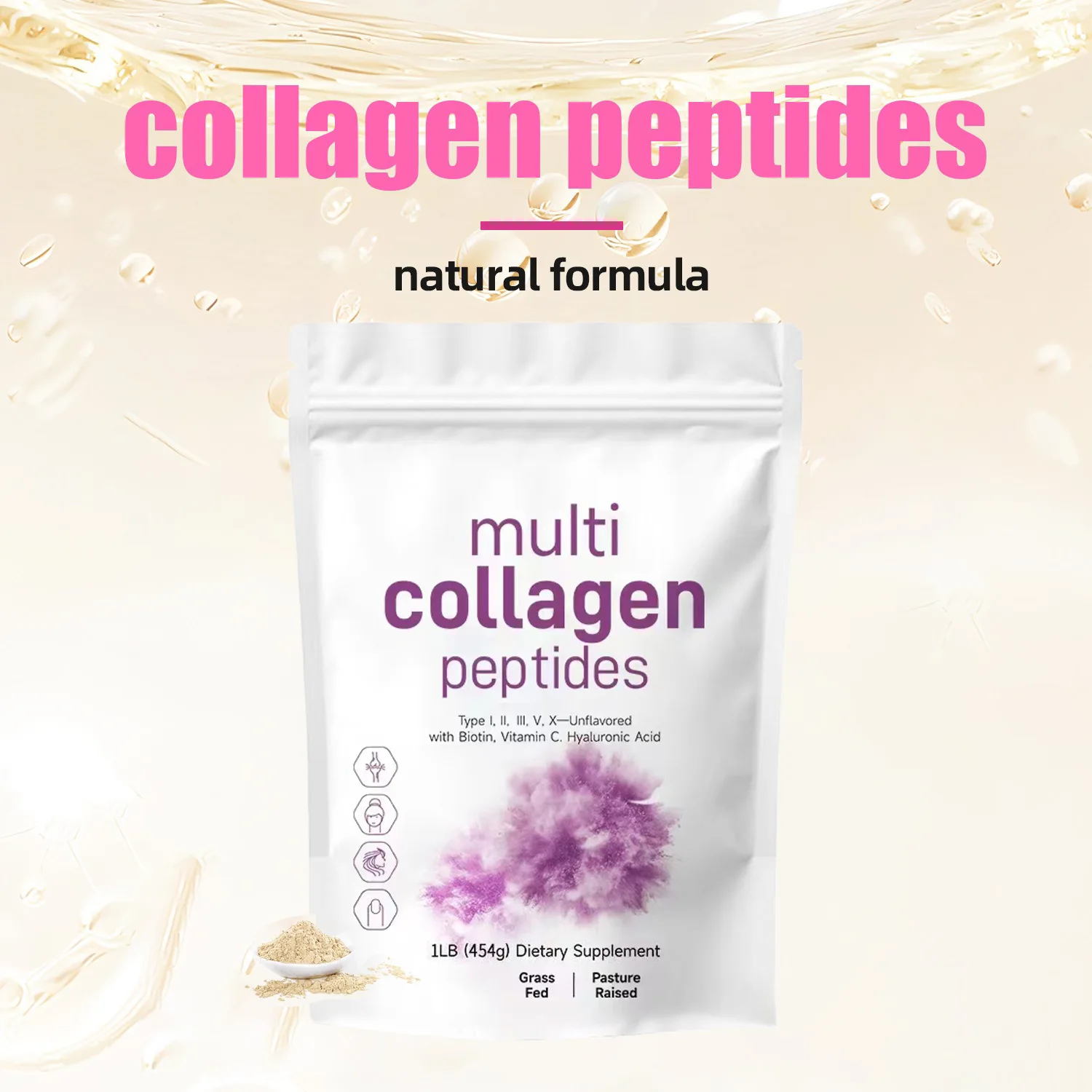 454G Multi Collagen Peptides Powder Protein Supplement Type I II III V X with Hyaluronic Acid Vitamin C for Easy Drinking