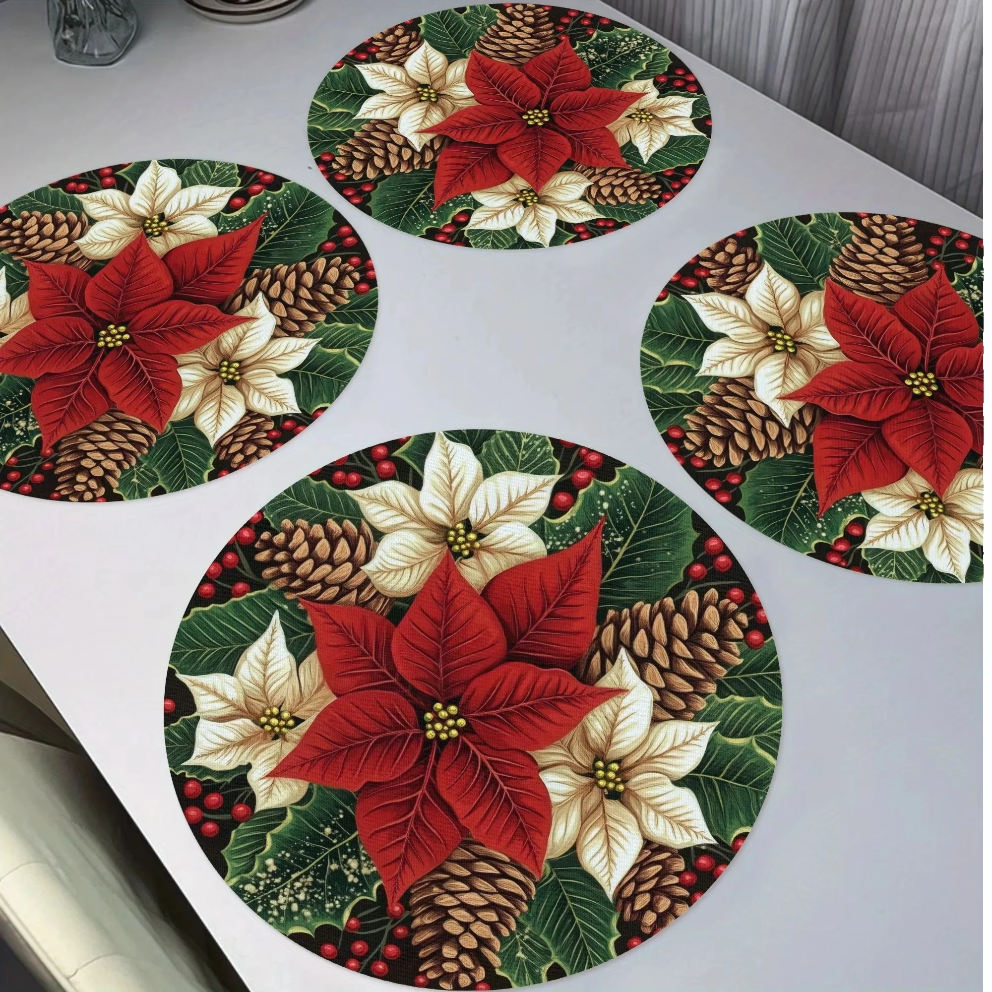 VIKAMA 4PC Christmas Pinecone Berry Round Placemat Heat Insulating And Waterproof Home Table Decoration Placemat