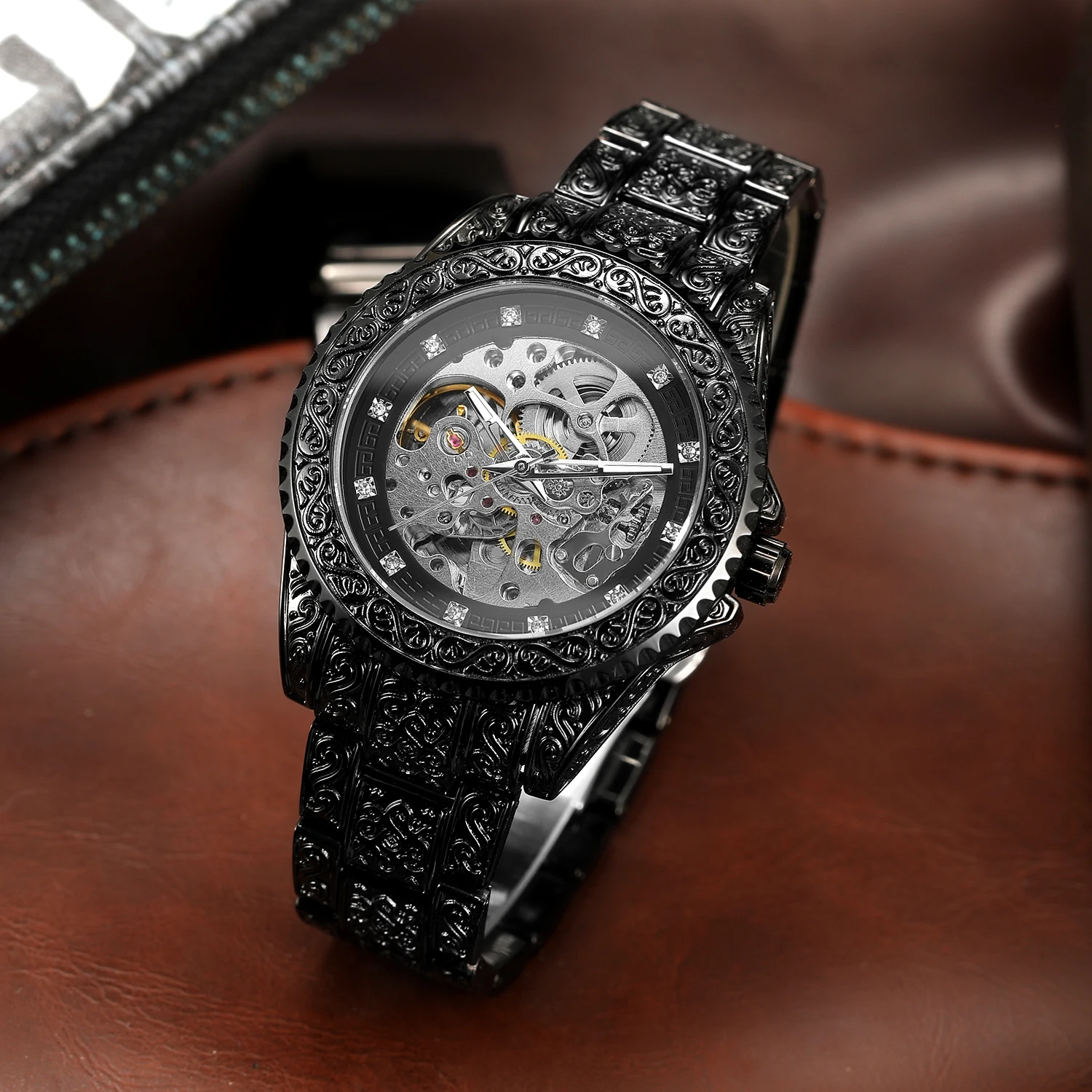 FORSINING Schwarz Vintage Carving männer Skeleton Automatische Mechanische Uhren Strass Coole Mode Retro Edelstahl Uhren