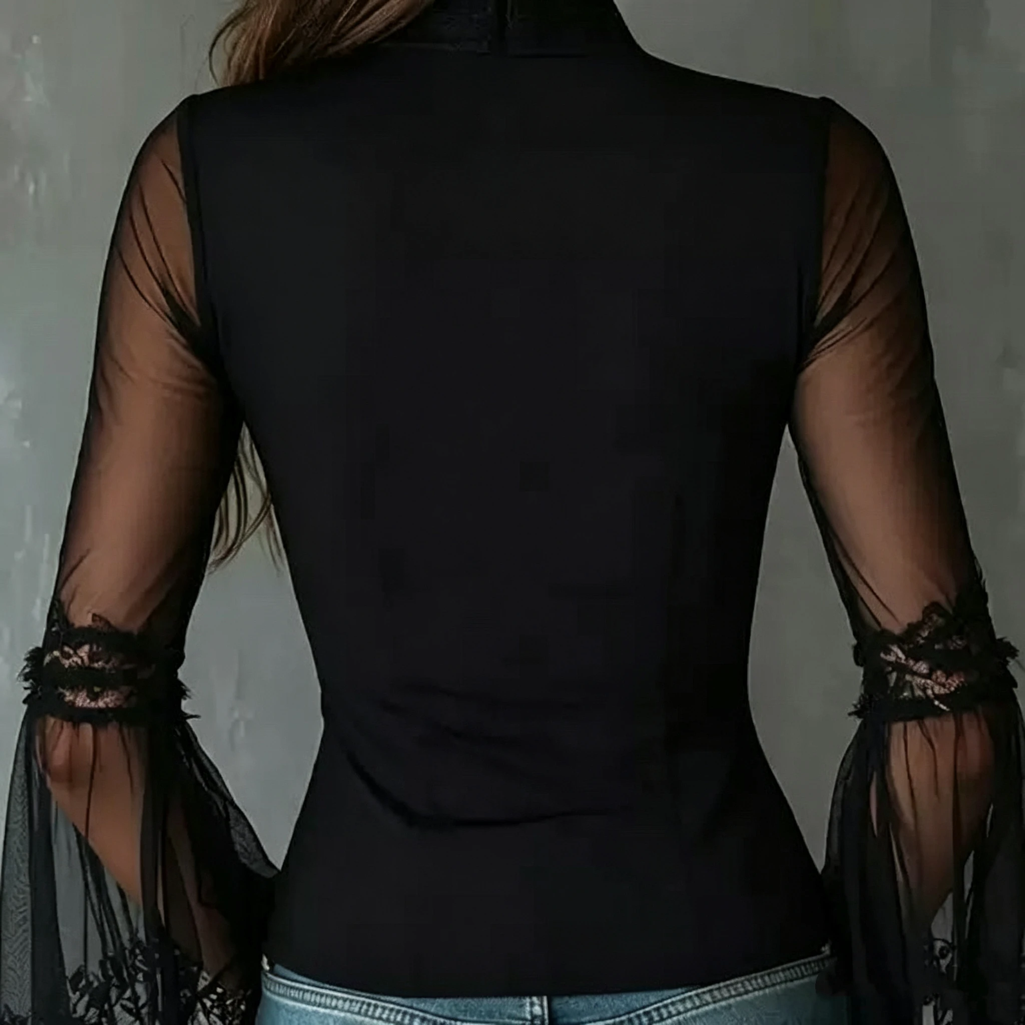 Ladies Black round Neck Long Sleeve See-through Vintage Zipper Lace Shirt Translucent Gauze Top for Women