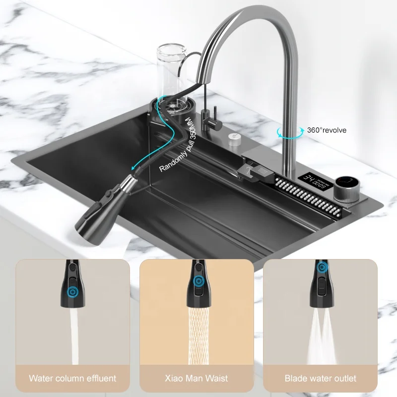 Digital Countertop Luxury High Tech Undermount Black Modern Waterfall Multifunction Smart Stainless Steel Sink thumbnail