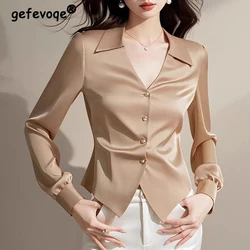 Women Clothing Spring Autumn Fashion Luxury Elegant Shirt Office Lady Business Casual Blouse Solid V Neck Long Sleeve Slim Tops