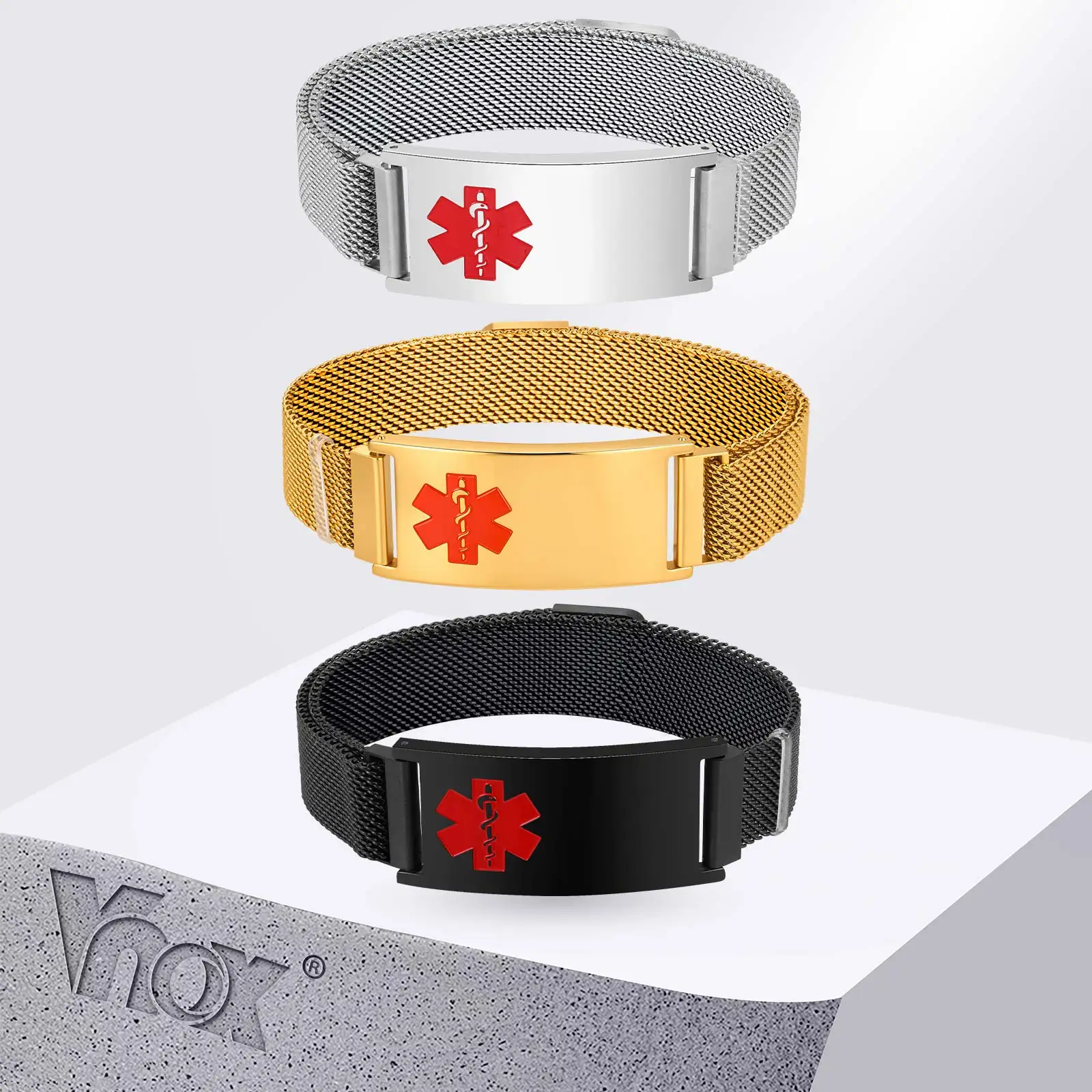 Vnox Kostenlose Gravur Medizinisches Notfallarmband für Männer und Jungen, Edelstahl Magnetverschluss, Wasserdichtes Verstellbares ID-Armband Geschenk