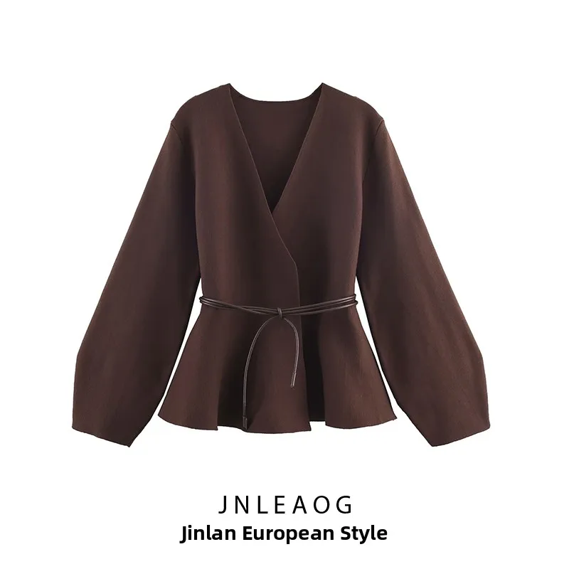 

JNLEAOG Women's Knitted Jaet with Belt Fall New Sle European Sle Polyester Fiber V-Ne Long Sve Regular Fit Cardigan