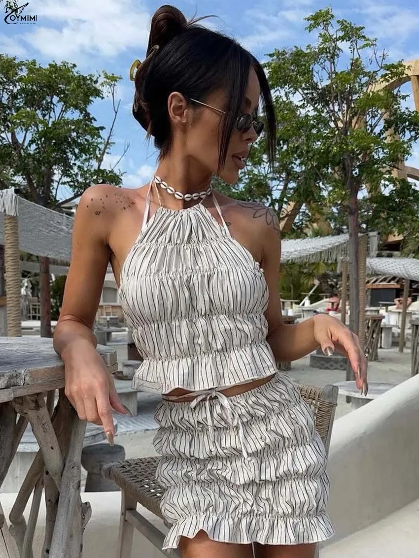 

Oymimi Elegant White Pleated Woman 2 Piece Set Outfit Casual Lace-Up Open Back Sleeveless Crop Tops And Slim Mini Skirts Sets