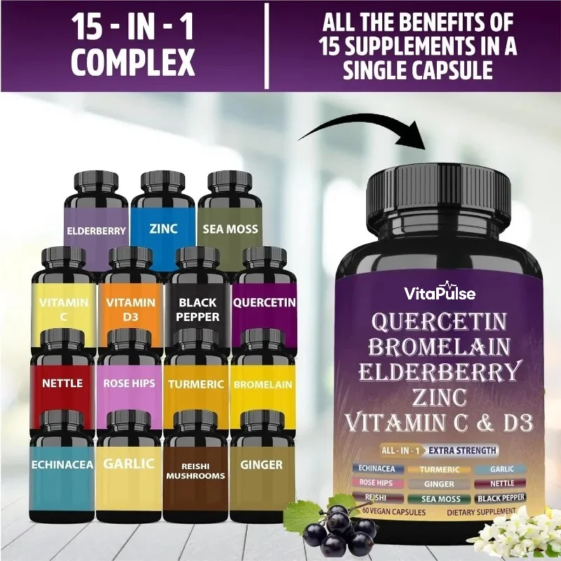 Quercetin, Bromelain, Elderberry, Vitamin C, D3, and Zinc - Immune Health Support Supplements  60 Capsule