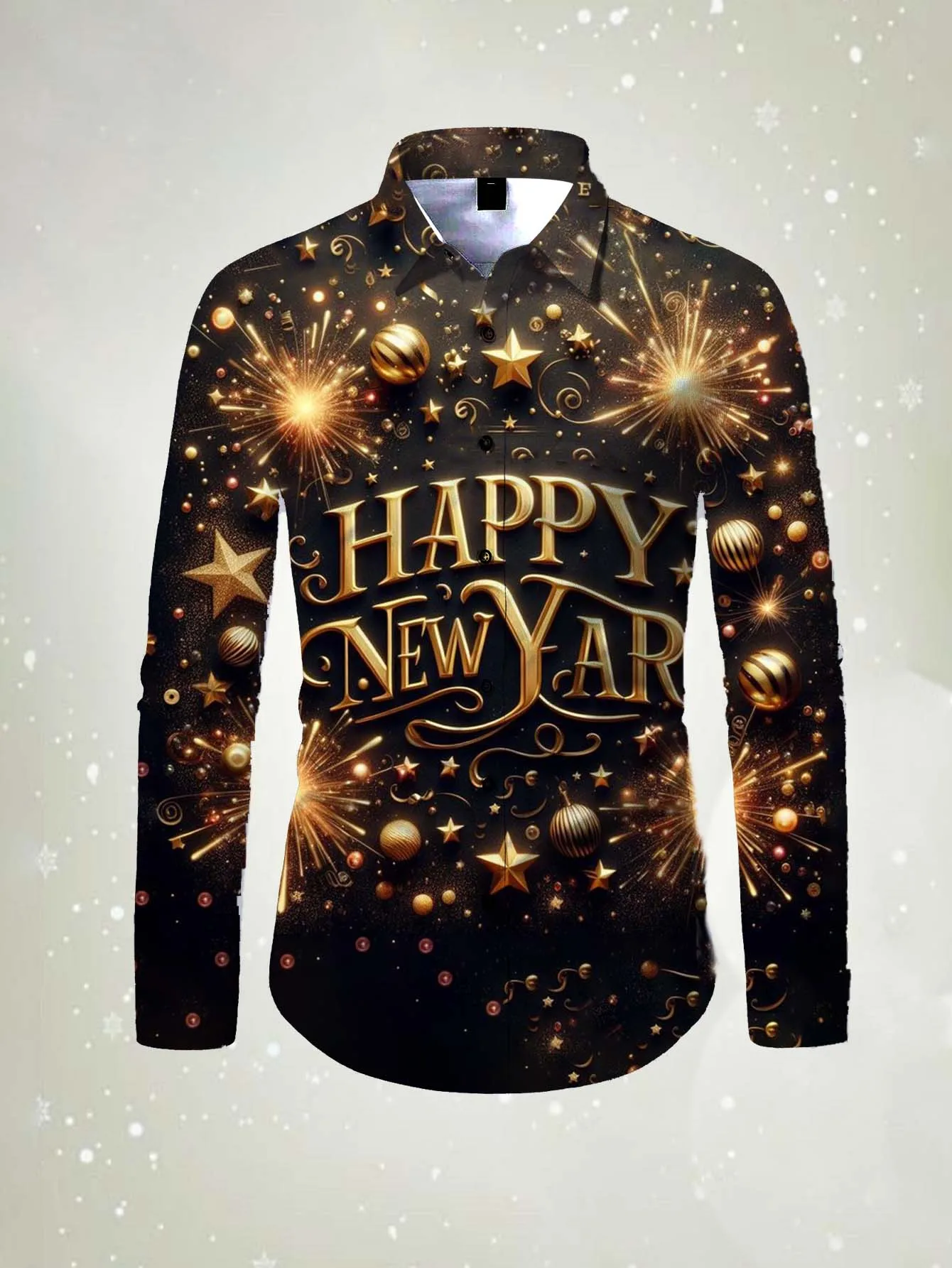 Men Long Sleeve Turn‑down Collar Button‑Up Shirt Happy New Year Firework Star Print Casual Holiday Party Outfit For Male