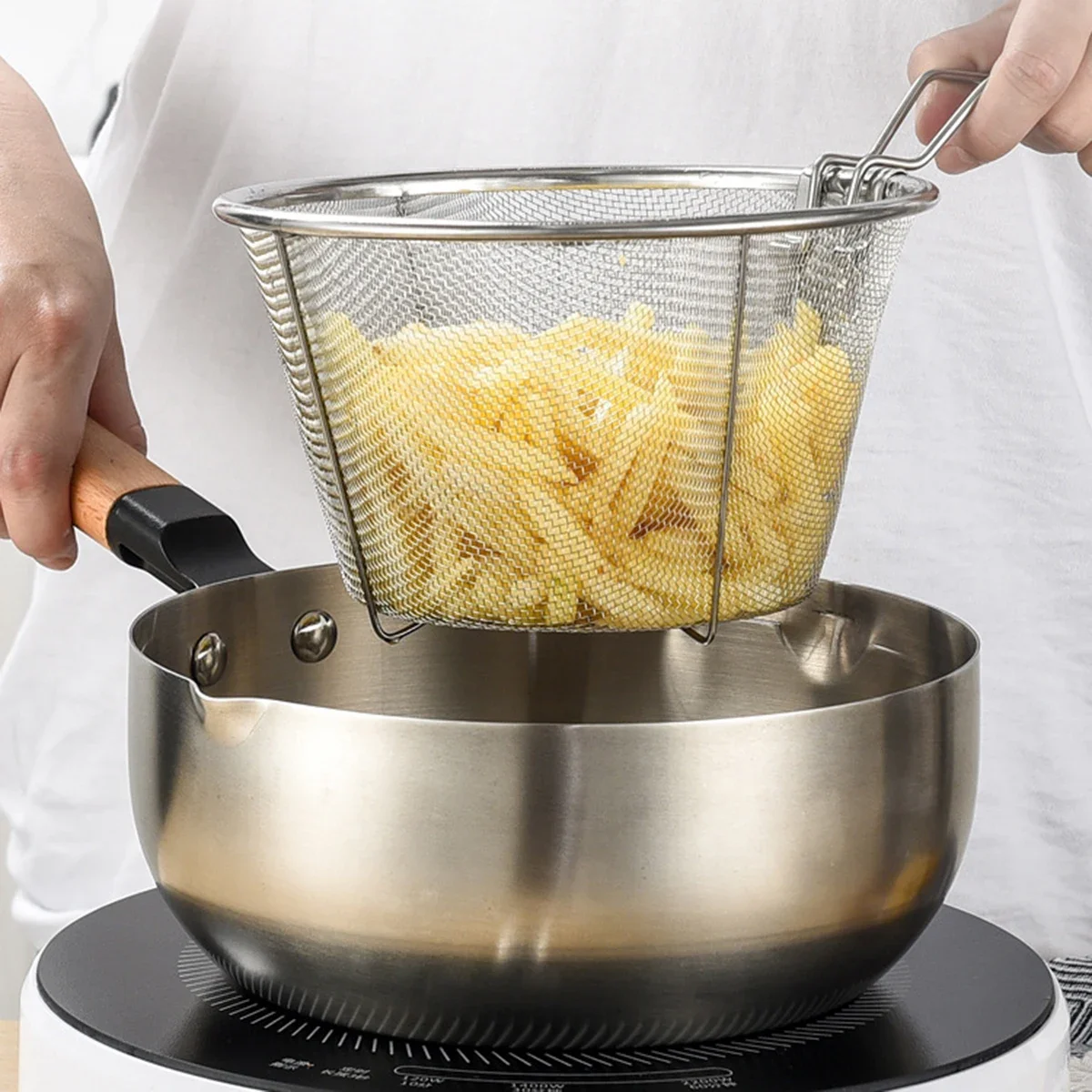 1pc-Haushalt Öl Trennen Edelstahl Bratpfanne Entwässerung Kleine Bratpfanne Nudel Mesh