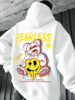 Fashionable autumn men's personalized teddy bear graffiti print soft and comfortable hooded sweatshirt outdoor high street cloth