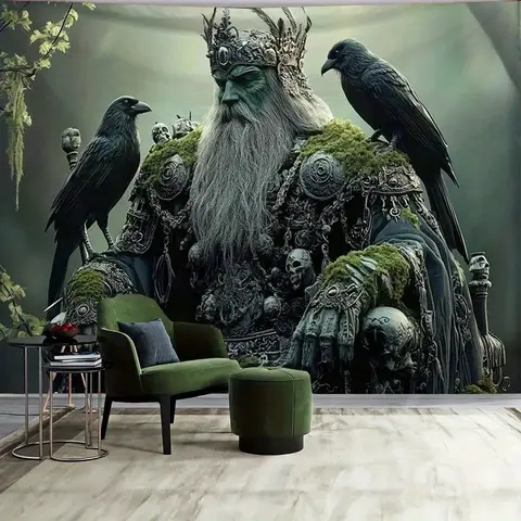 1pc Viking Warrior and Crows Tapestry Wall Hanging - Intricate Norse Mythology Design with Skull Motifs & Crow Throne Art, Durab
