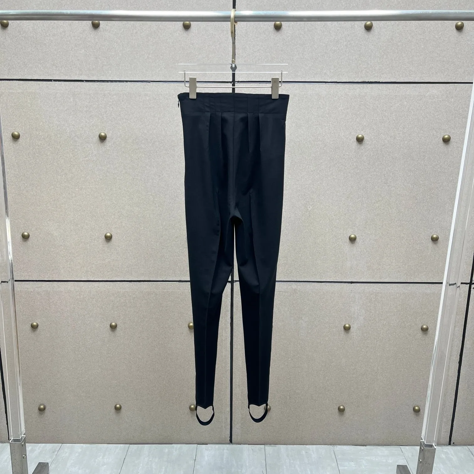2026 Women's Black High-Waisted Pants | Wool Blend, Pleated Slim Fit, Slightly Stretch Stirrup Trousers
