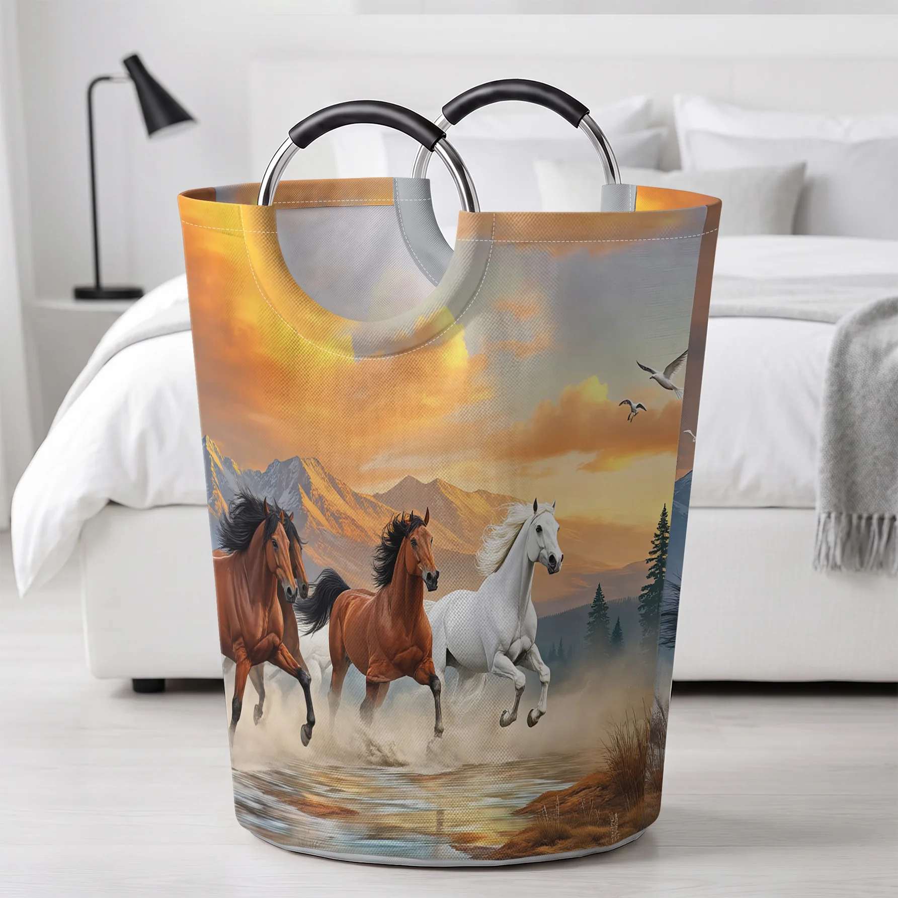 Running Horses Mountain Sunset Scenery Handheld Storage Basket, For Laundry, Bedroom & Home Sundries Storage