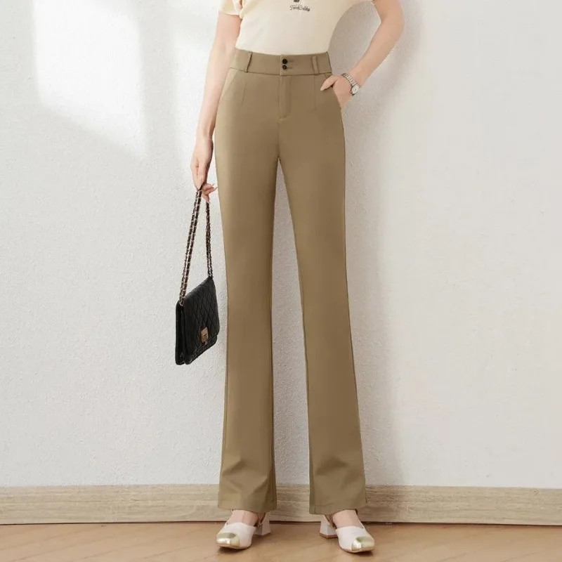 Women's High Waist Straight Leg Pants Slim Fit Solid Color Casual Trousers With Button Detail WJ983