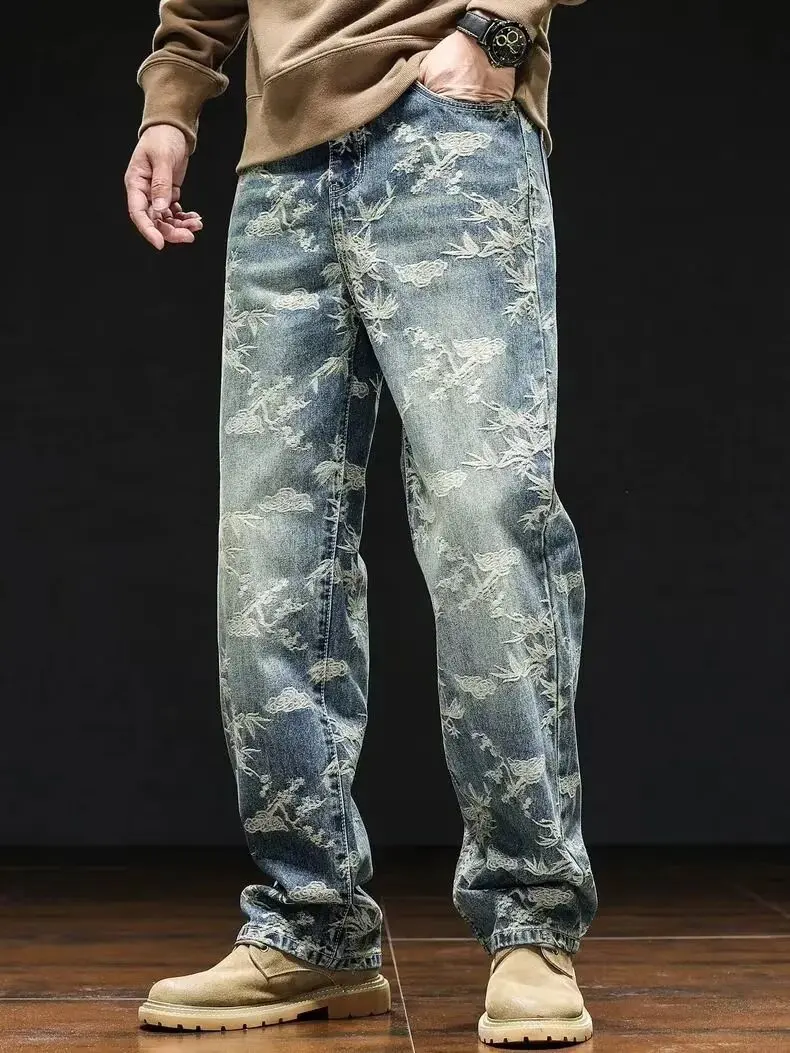 

Модные мужские джинсы прямого кроя с цветочной вышивкой, в стиле ретро, для повседневной носки, длинные брюки для осени и зимы