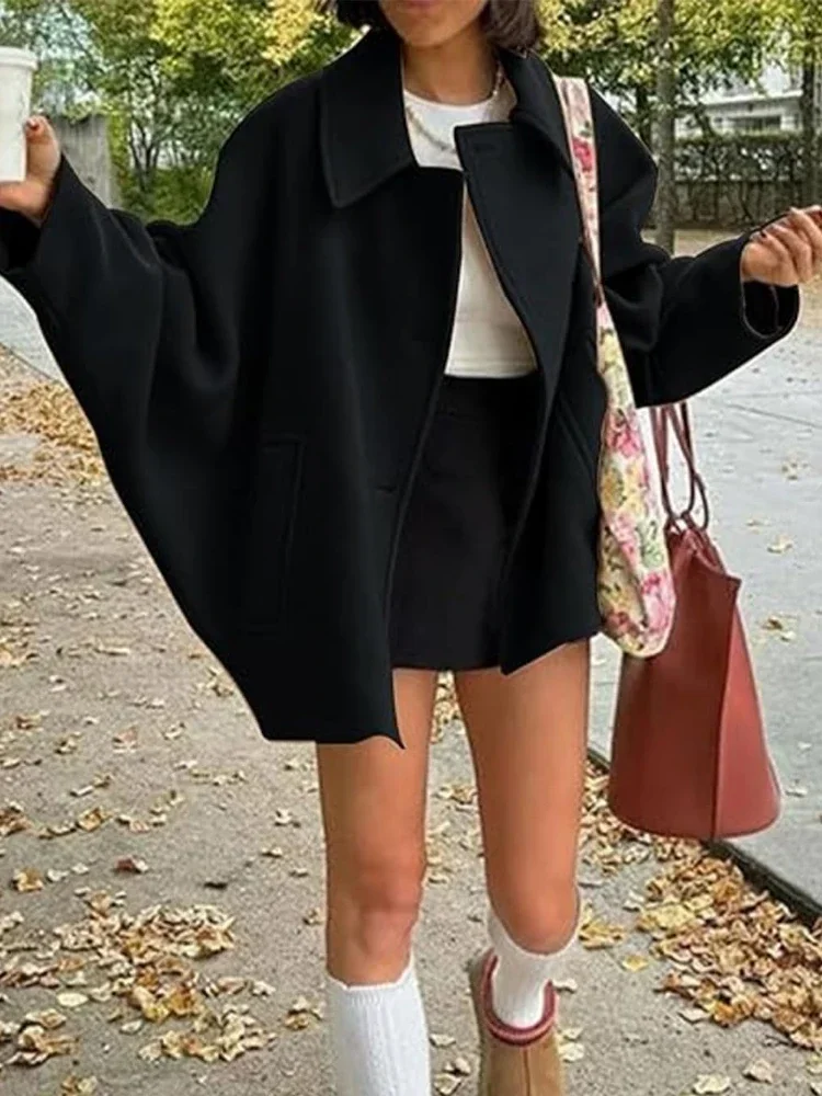 Pop 2025 Women's Oblique Button Loose Batwing Sleeve Jacket Coat Lapel Double Pocket Warm Solid Vintage Outerwear Fall Winter Co
