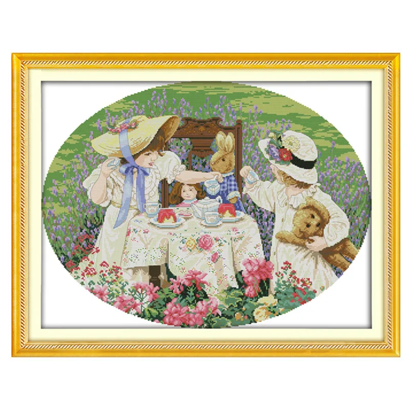 The afternoon tea in the suburbs cross stitch kit people 11ct count print canvas stitches embroidery DIY handmade