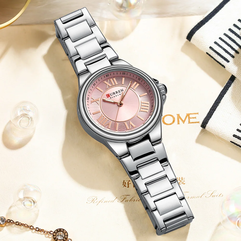 CURREN Stainless Steel Ladies Watch with Luminous Feature Fashionable Versatile Design Gift Box Included