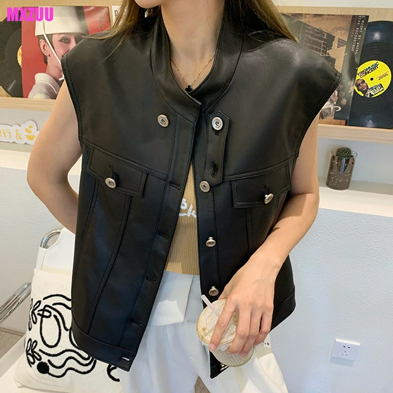 Leather Vest Spring Women Single-Breasted Stand-Up Collar Locomotive Sleeveless Chaqueta Mujer Vintage Loose Sheepskin Top Gilet