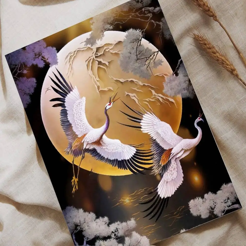 مجردة النمط الصيني القمر كرين الطيور المشارك ذاتية اللصق الفن ورقة مقاومة للماء ملصق مقهى بار غرفة جدار ديكور #5