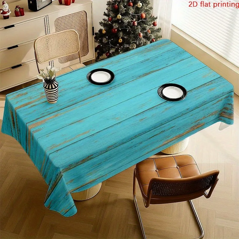 One-piece wooden grain tablecloth - Vintage distressed blue-green wood grain, rustic farmhouse style soft tablecloth