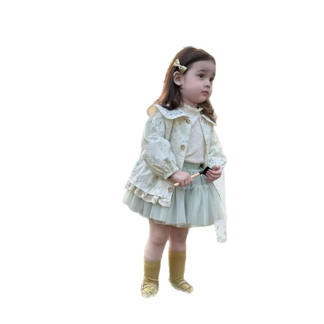 Girls' Set 2026 Spring New Girls' Floral Coat Baby Long Sleeve Base Layer and Mesh Short Skirt Three-Piece Set