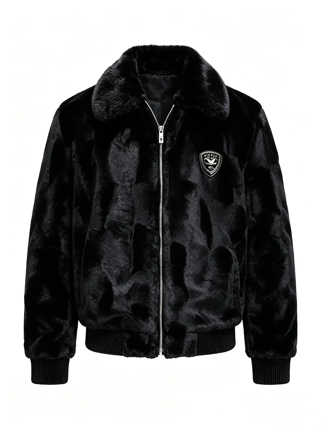 Chaqueta de béisbol para hombre, negra, de piel sintética de visón, con cuello grande de piel, decoración de insignias modernas, abrigo corto con cremallera. Tela de Felpa Gruesa y Suave