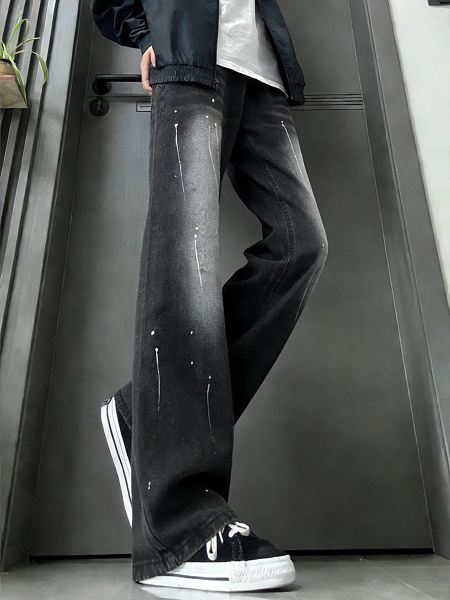 

Bla adient Splaed Ink Micro Flared Men's Jeans American High Street Straight Leg Slimming Long Leg Knife Pants