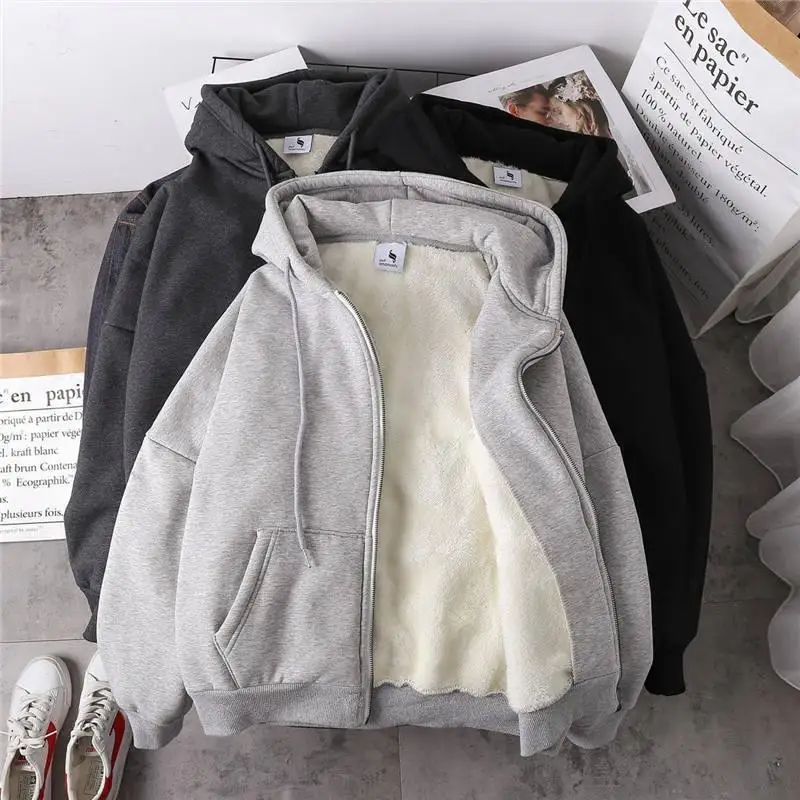 American Clothing Hooded Sweatshirt Men's Thick Fleece Warm Loose Zipper Cardigan Jacket Trendy Hip-hop Style Couple Outfit