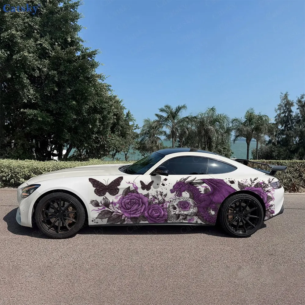 2 autocollants pour voiture en forme de papillon, crâne de dragon ailé rose, autocollants auto-adhésifs en PVC imperméables et résistants aux rayures, accessoire de voiture