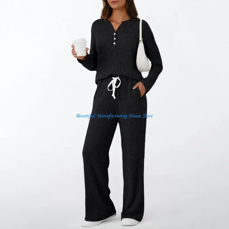 E56A Womens 2 Piece Lounge Sets Fall Outfits Henley Neck Sweater Matching Sweat Suits Comfy Pajamas Clothes Pockets