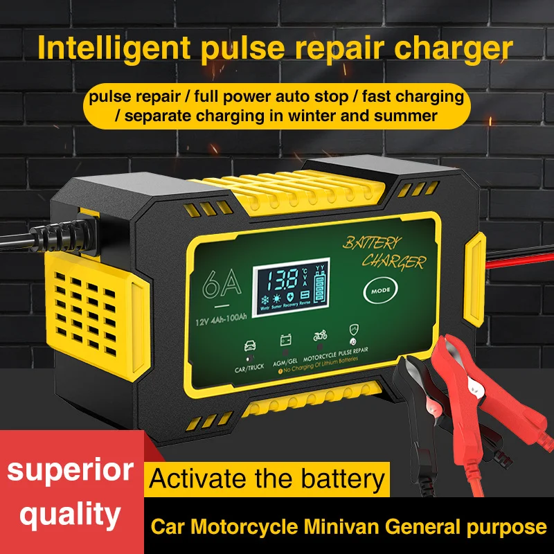 battery charger 12v6a pulse repair LCD display smart fast charging deep cycle gel lead acid charger for automotive motorcycles