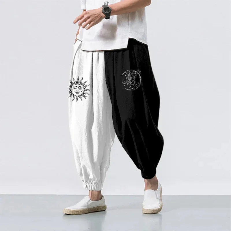 Sky02 Men's Loose Harem Pants Sun Moon Simple Pattern Large Size Crane Cropped Pants Black Printed Casual Pants88Li #