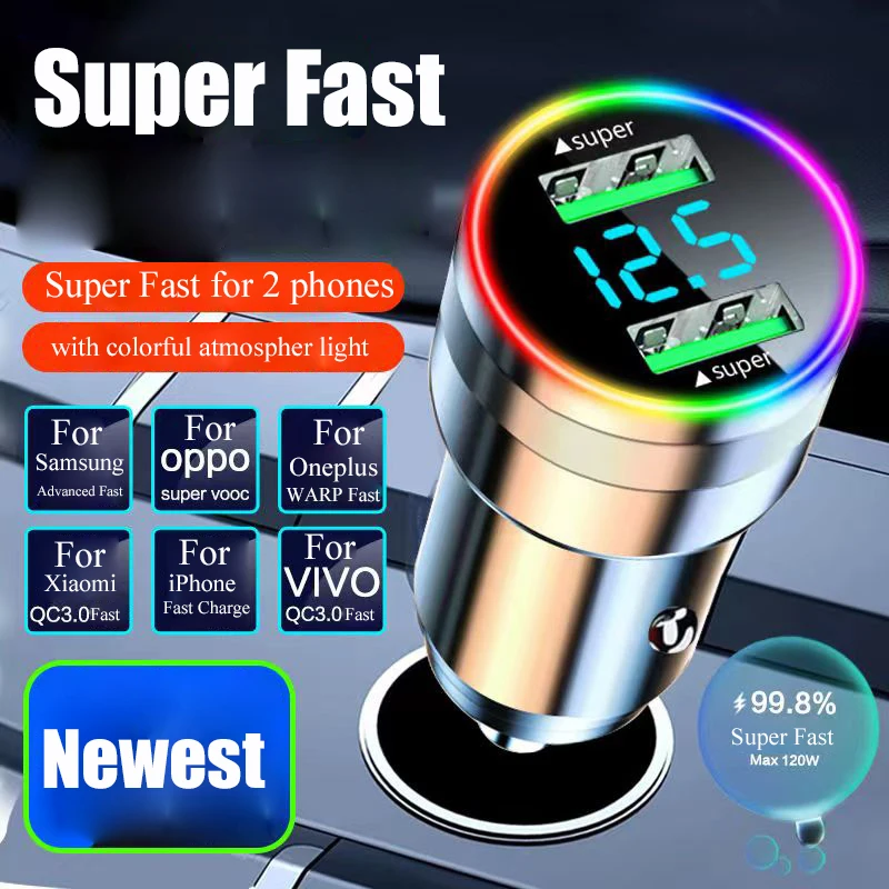 USB Car Charger 300W Dual Port Super Fast Charging Vehicle Adapter with LED Light Voltage Monitor for Huawei OPPO iPhone Samsung